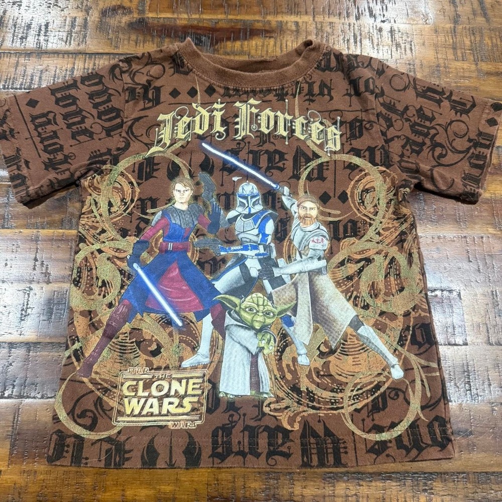 Star Wars The Clone Wars Jedi Forces Graphic Tee Brown Y2K Vintage Size 4/5